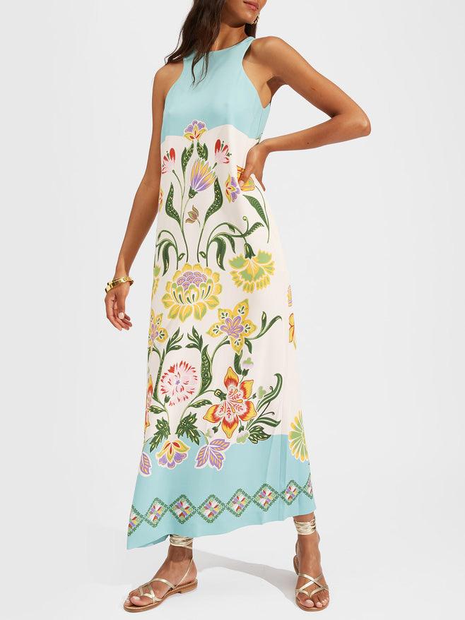 Vestido midi sin mangas con estampado floral luminoso