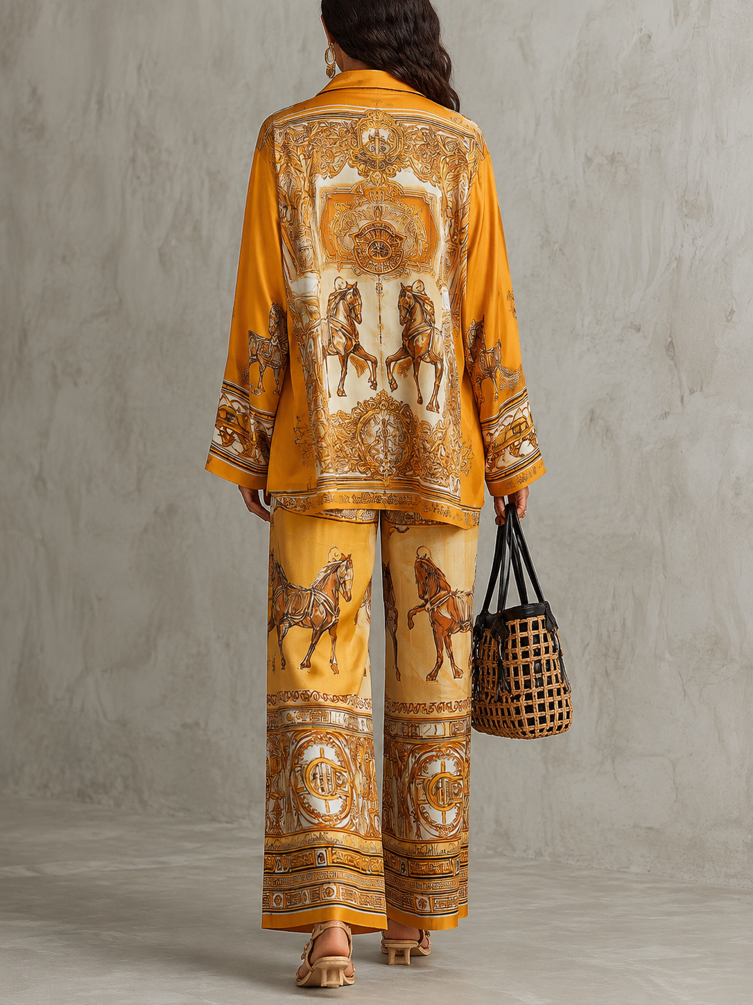 Conjunto de dos piezas naranja con estampado barroco: camisa de manga larga y pantalón de pierna ancha