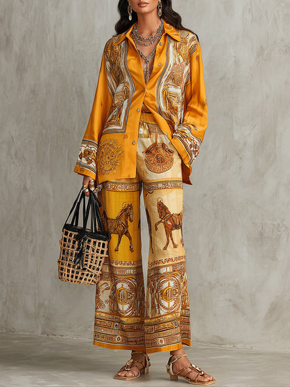 Conjunto de dos piezas naranja con estampado barroco: camisa de manga larga y pantalón de pierna ancha