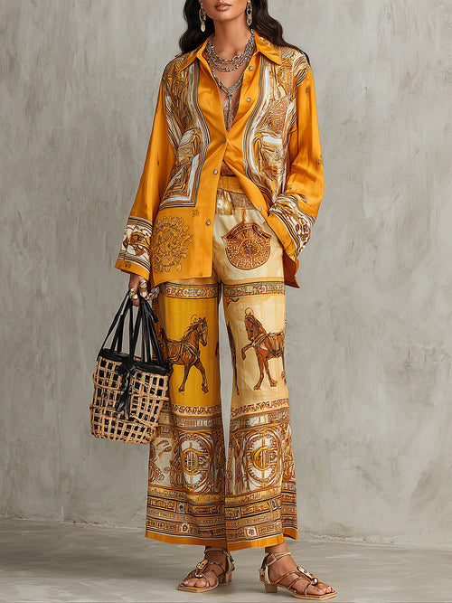 Conjunto de dos piezas naranja con estampado barroco: camisa de manga larga y pantalón de pierna ancha