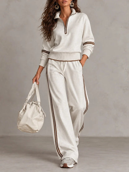 Conjunto blanco de sudadera de canalé con media cremallera y pantalón de pierna ancha bicolor