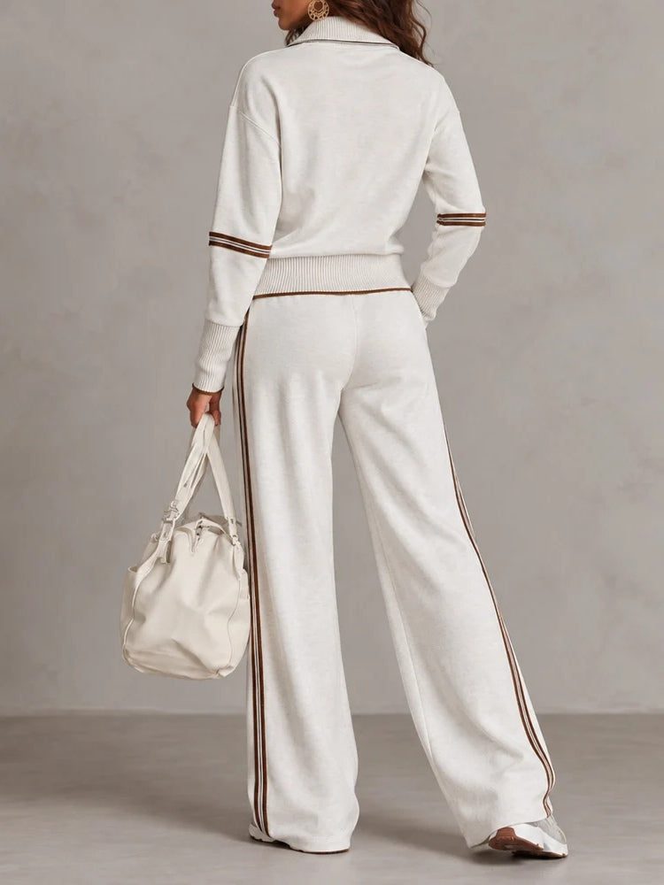 Conjunto blanco de sudadera de canalé con media cremallera y pantalón de pierna ancha bicolor