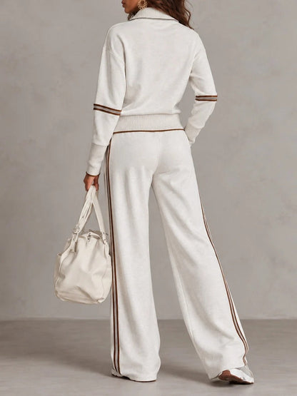 Conjunto blanco de sudadera de canalé con media cremallera y pantalón de pierna ancha bicolor