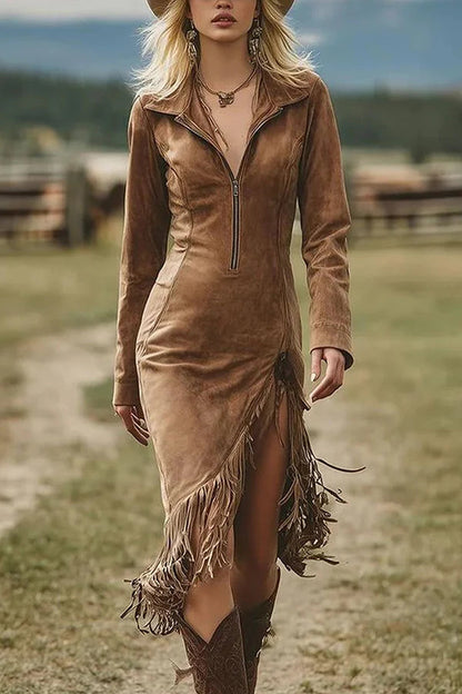 Vestido midi de antelina de manga larga con bajo irregular de flecos