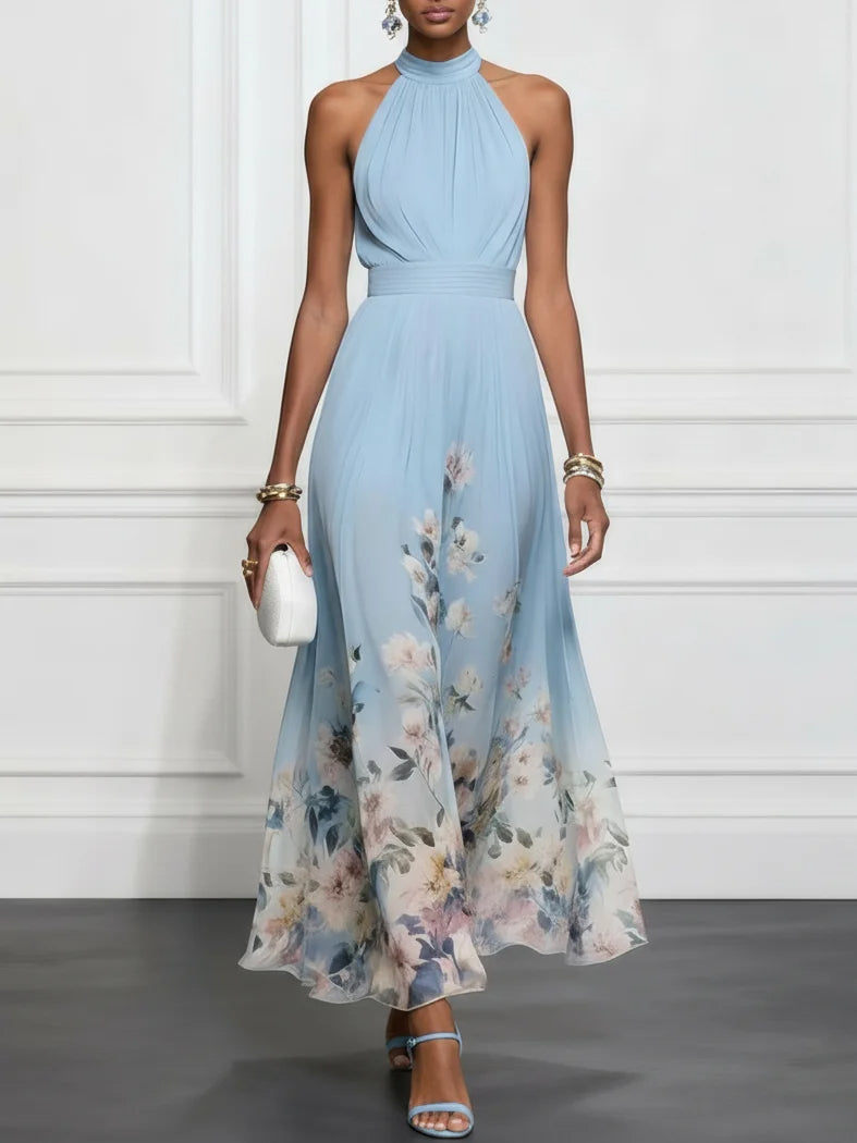 Vestido largo de gasa azul claro con flores, cuello halter y sin mangas