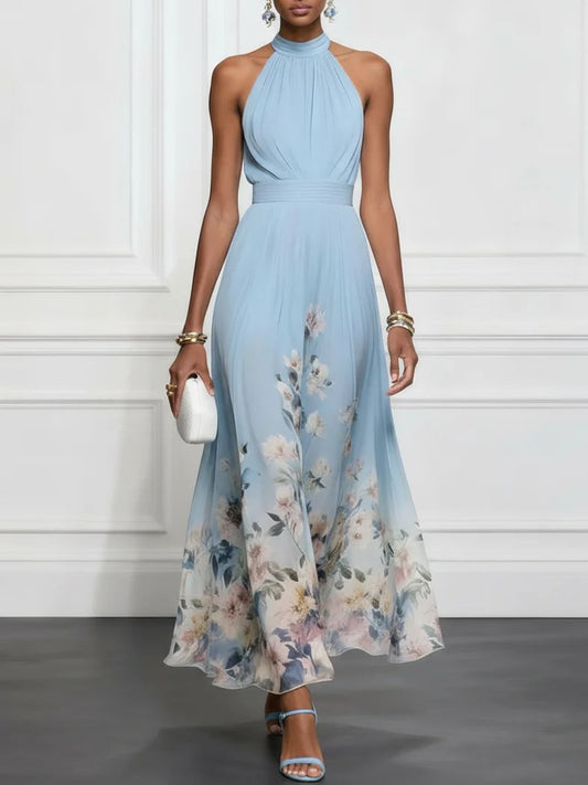 Vestido largo de gasa azul claro con flores, cuello halter y sin mangas