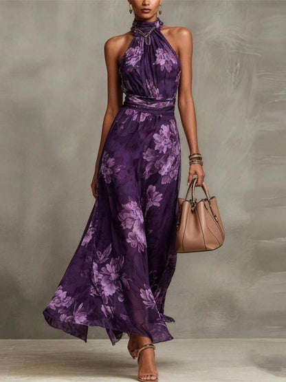 Vestido largo de gasa verde con flores y cuello halter