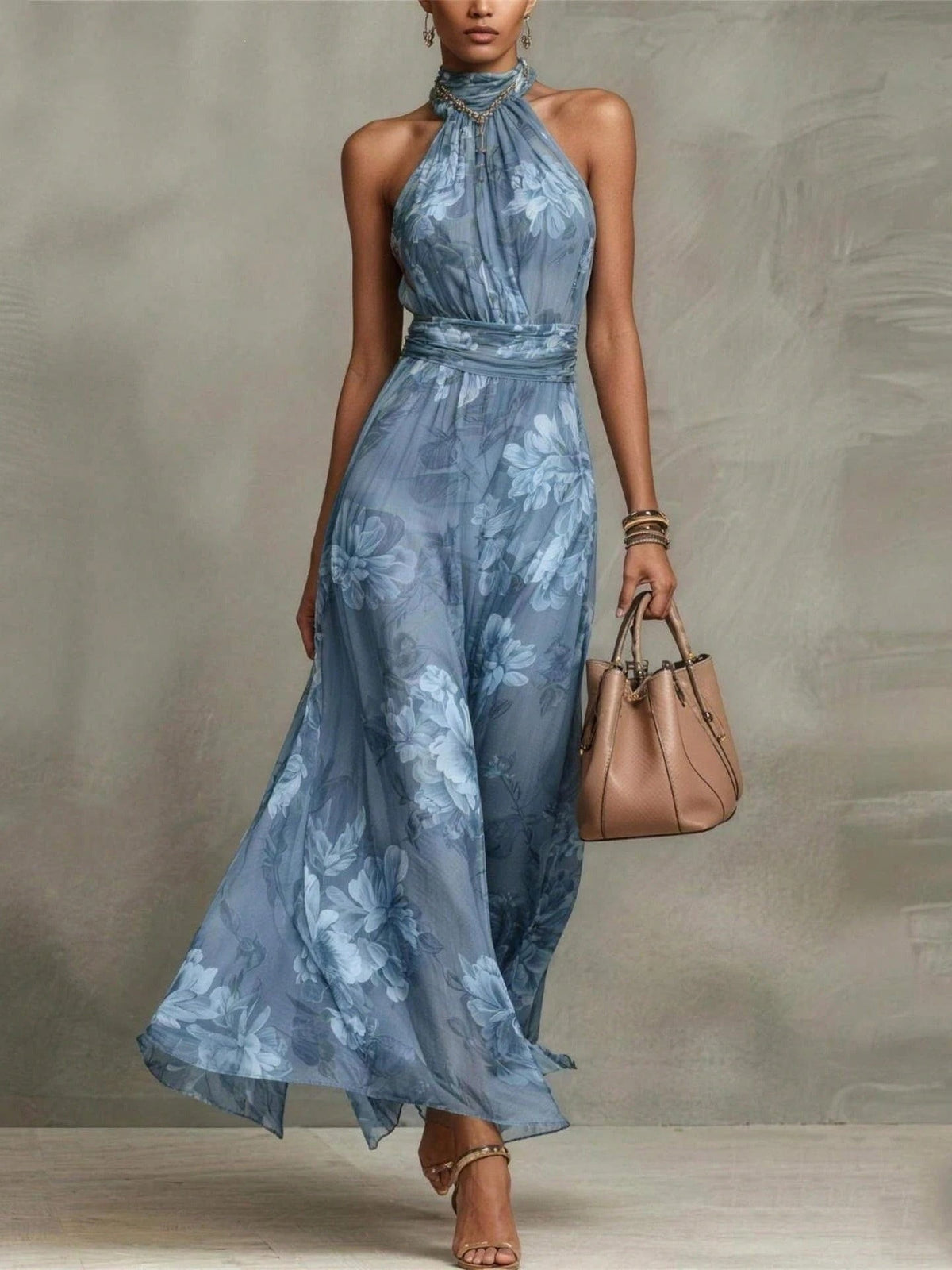 Vestido maxi de gasa verde floral con cuello halter