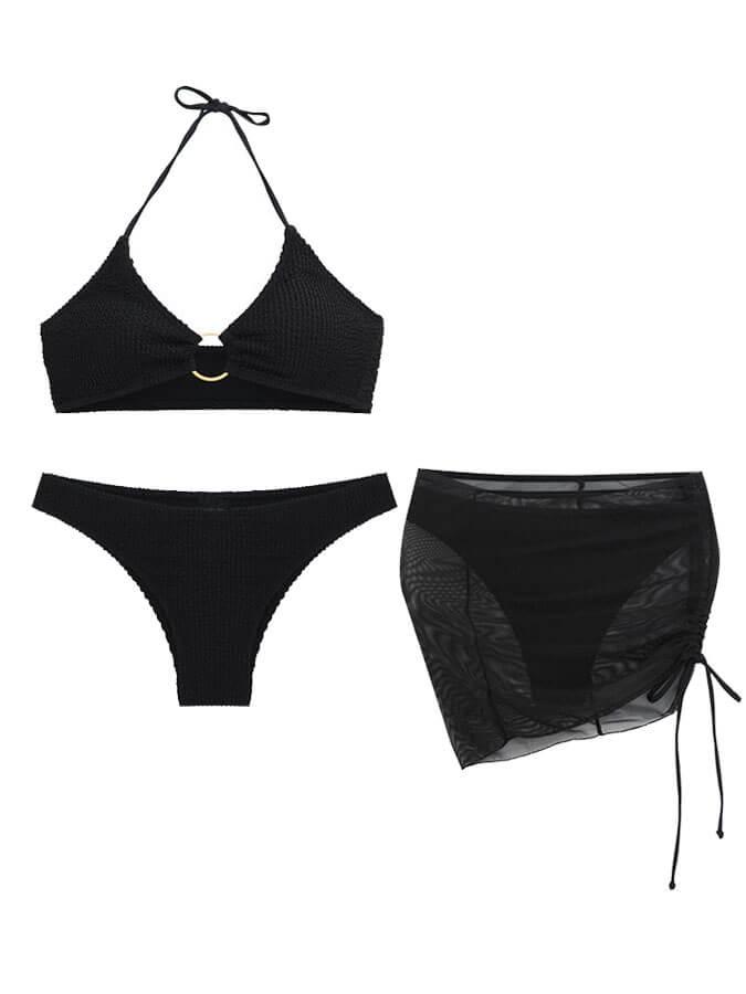 Bikini liso de tres piezas con cuello halter