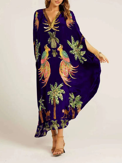 Vestido con estampado de palmeras y manga de hombro caído