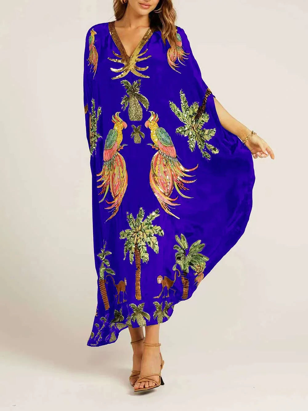 Vestido con estampado de palmeras y manga de hombro caído