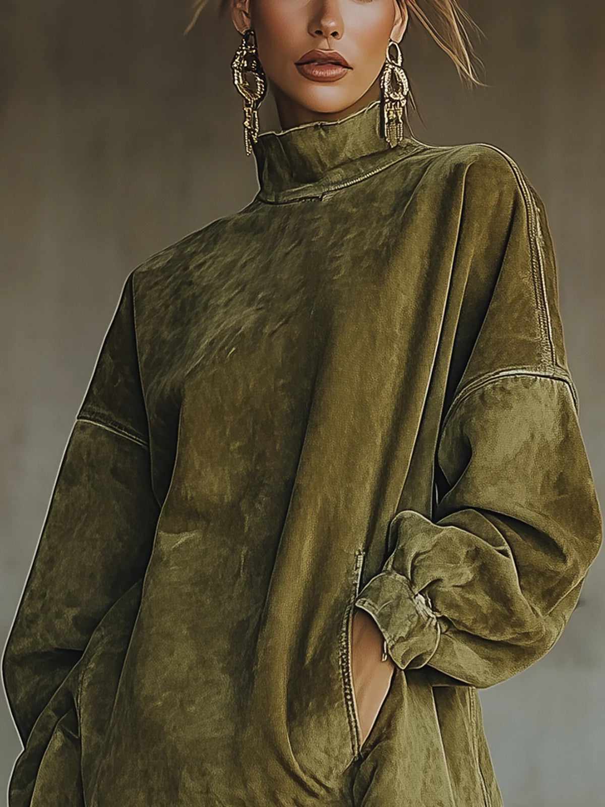 Vestido de antelina con cuello alto y bajo de flecos