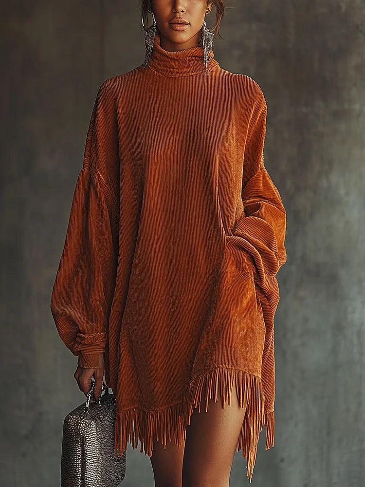 Vestido holgado de pana naranja con cuello alto y bajo de flecos