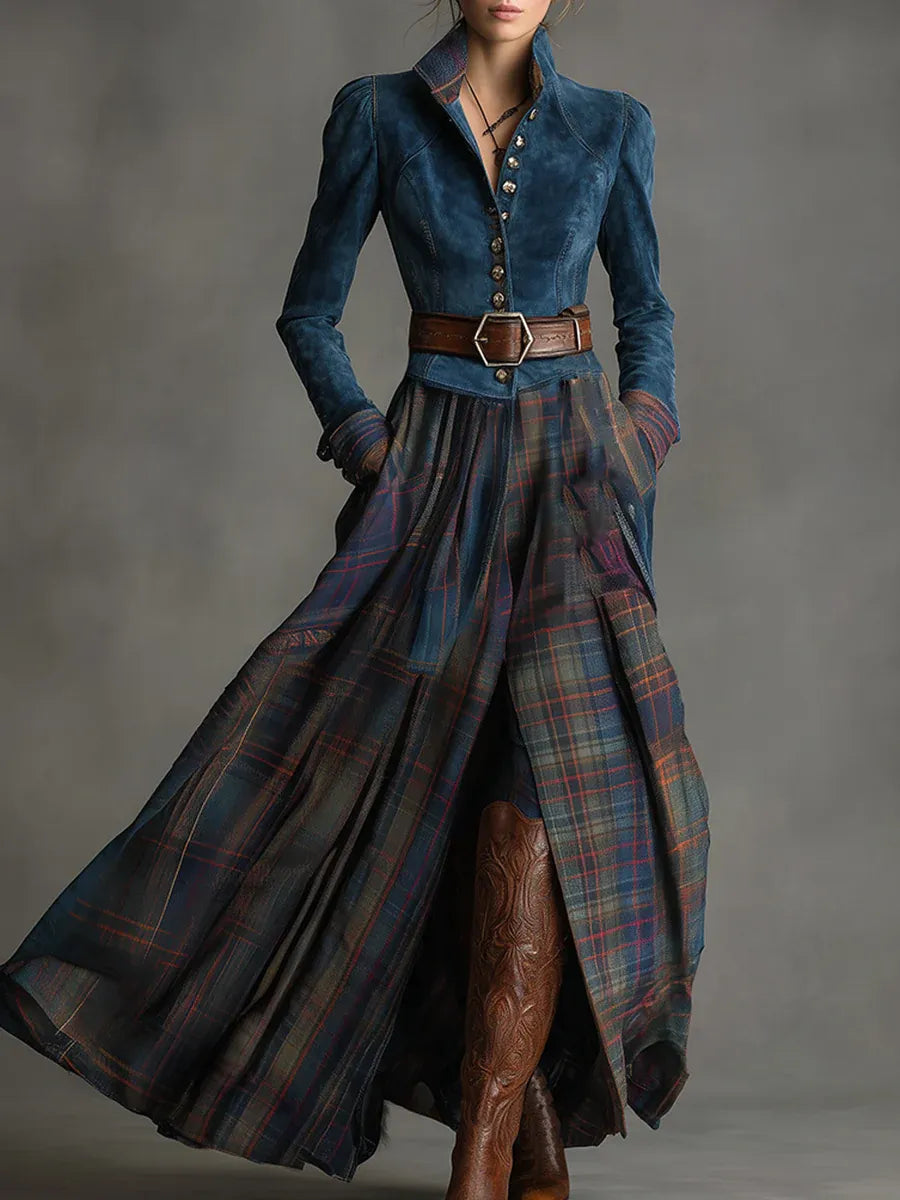 Vestido largo retro de estilo étnico de antelina azul con cuadros (incluye cinturón)