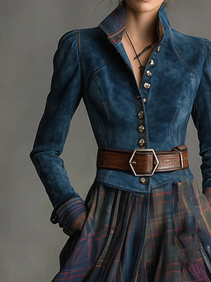 Vestido largo retro de estilo étnico de antelina azul con cuadros (incluye cinturón)