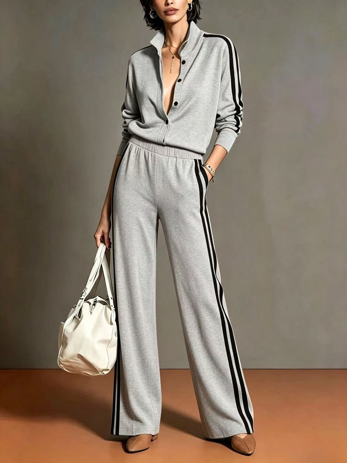 Conjunto camel bicolor de top abotonado y pantalón de pierna ancha