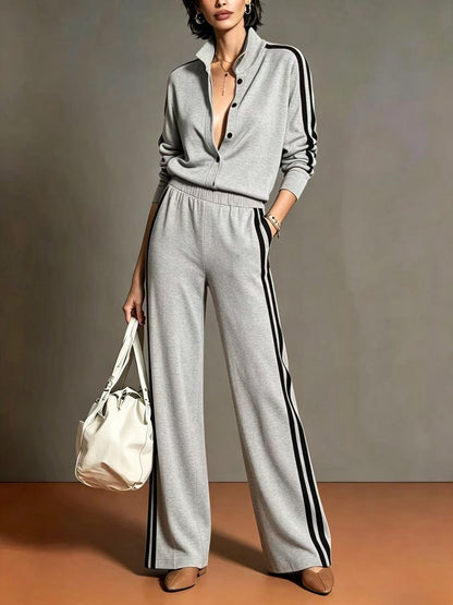 Conjunto camel bicolor de top abotonado y pantalón de pierna ancha