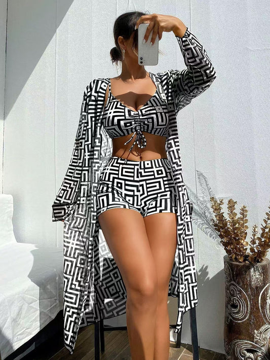 Conjunto de tres piezas para mujer: bikini estampado y salida de playa