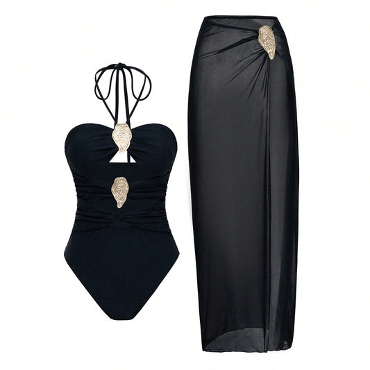 Conjunto de bañador con cuello halter y falda pareo para mujer