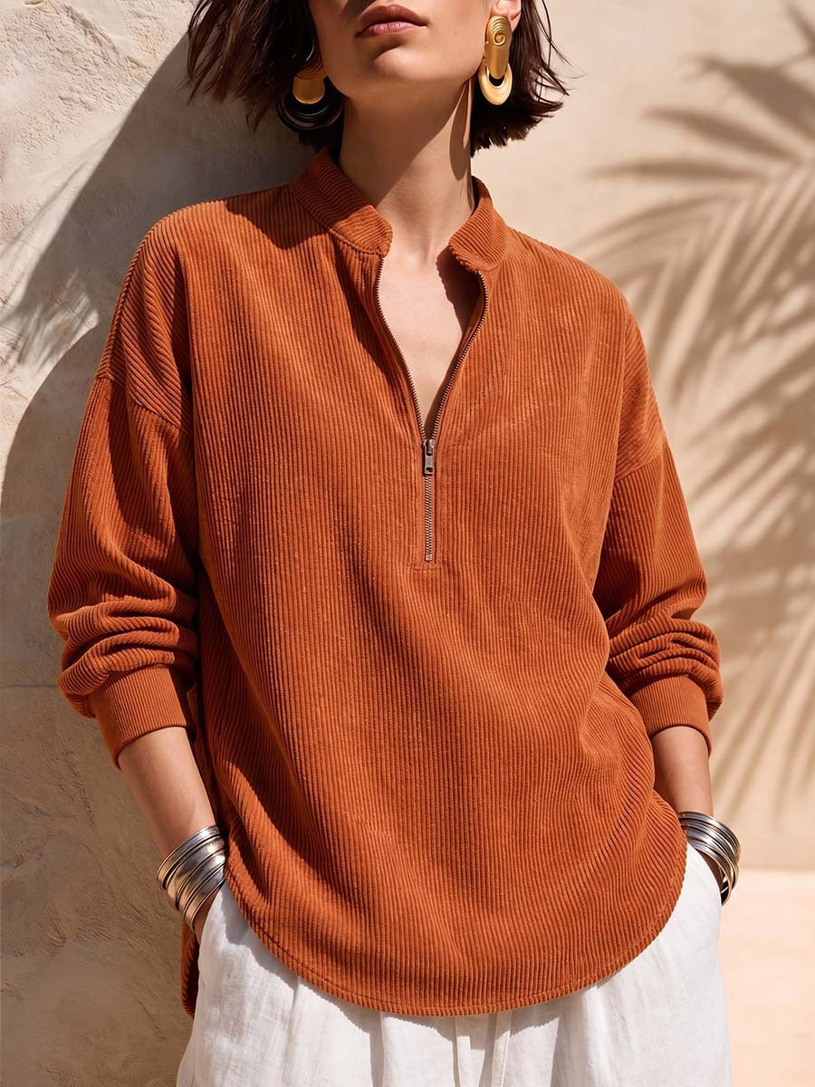 Top casual holgado de pana para mujer con cremallera, cuello alto y manga larga