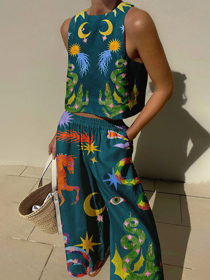 Conjunto de top de tirantes estampado y pantalón de cintura elástica con bolsillos