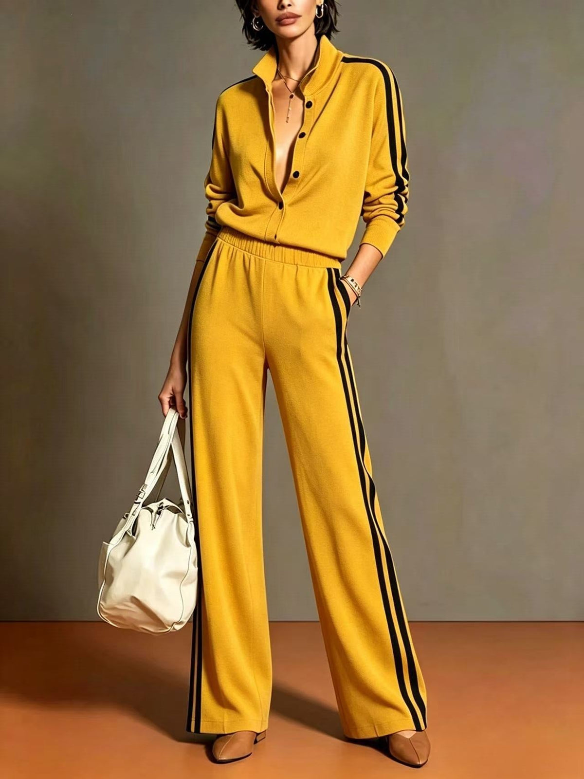 Conjunto camel bicolor de top abotonado y pantalón de pierna ancha