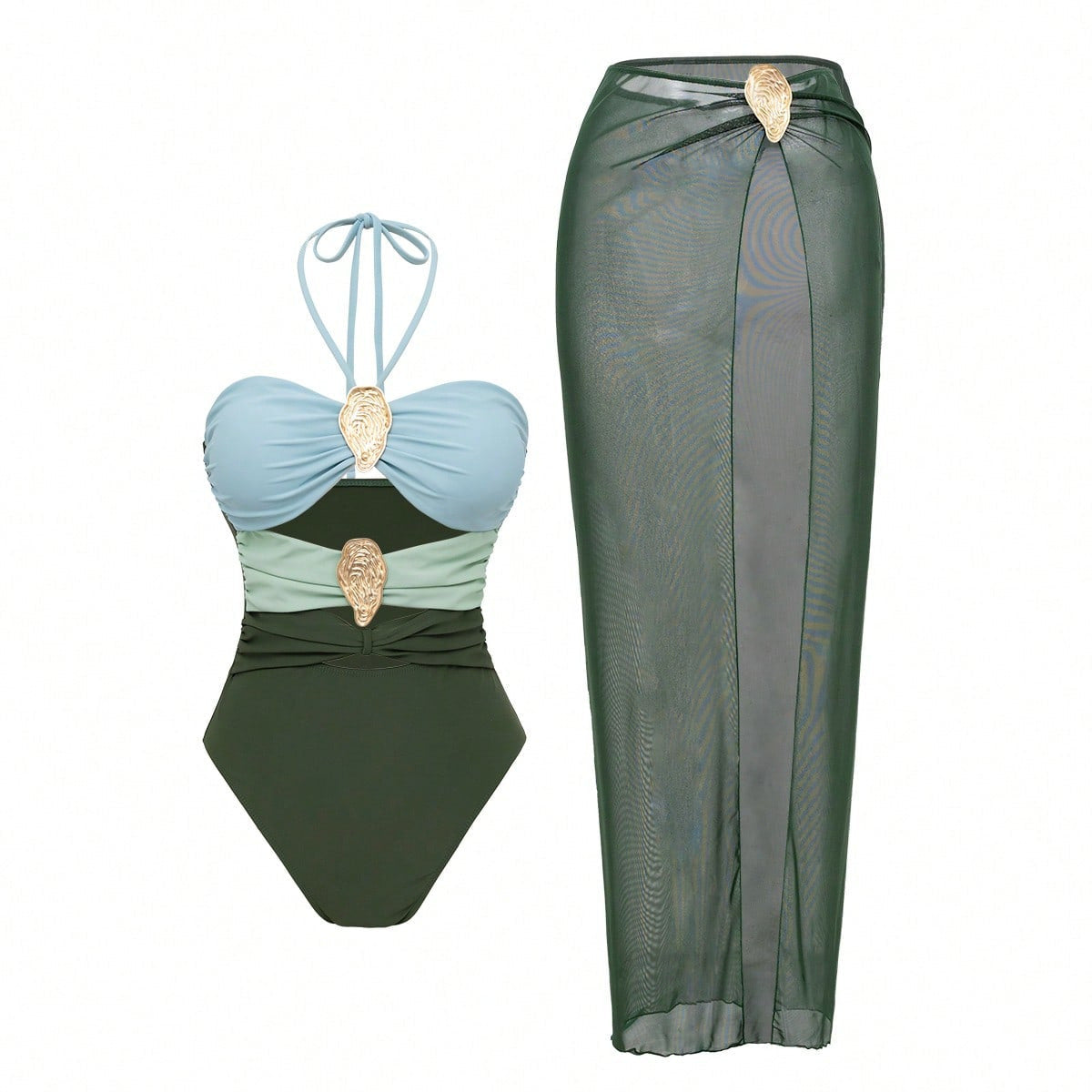 Conjunto de bañador con cuello halter y falda pareo para mujer