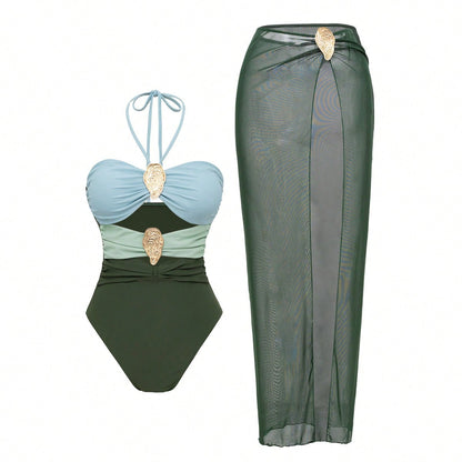 Conjunto de bañador con cuello halter y falda pareo para mujer