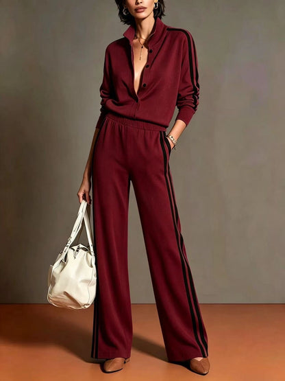 Conjunto camel bicolor de top abotonado y pantalón de pierna ancha