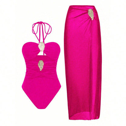 Conjunto de bañador con cuello halter y falda pareo para mujer
