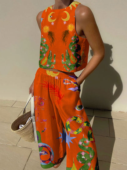 Conjunto de top de tirantes estampado y pantalón de cintura elástica con bolsillos