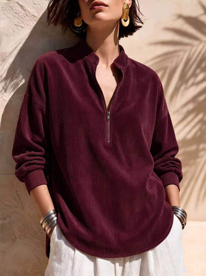 Top casual holgado de pana para mujer con cremallera, cuello alto y manga larga