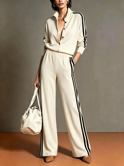Conjunto camel bicolor de top abotonado y pantalón de pierna ancha