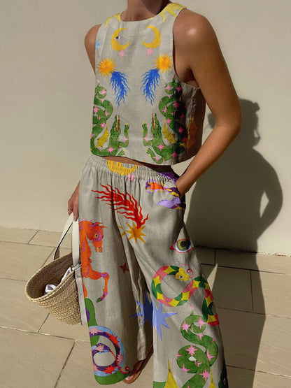 Conjunto de top de tirantes estampado y pantalón de cintura elástica con bolsillos