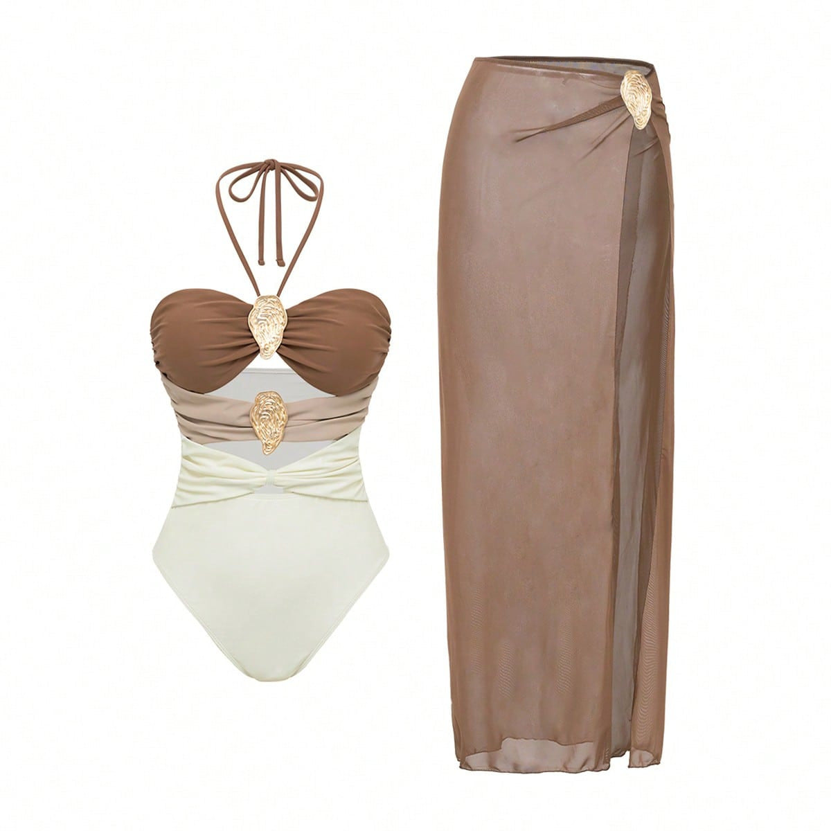 Conjunto de bañador con cuello halter y falda pareo para mujer