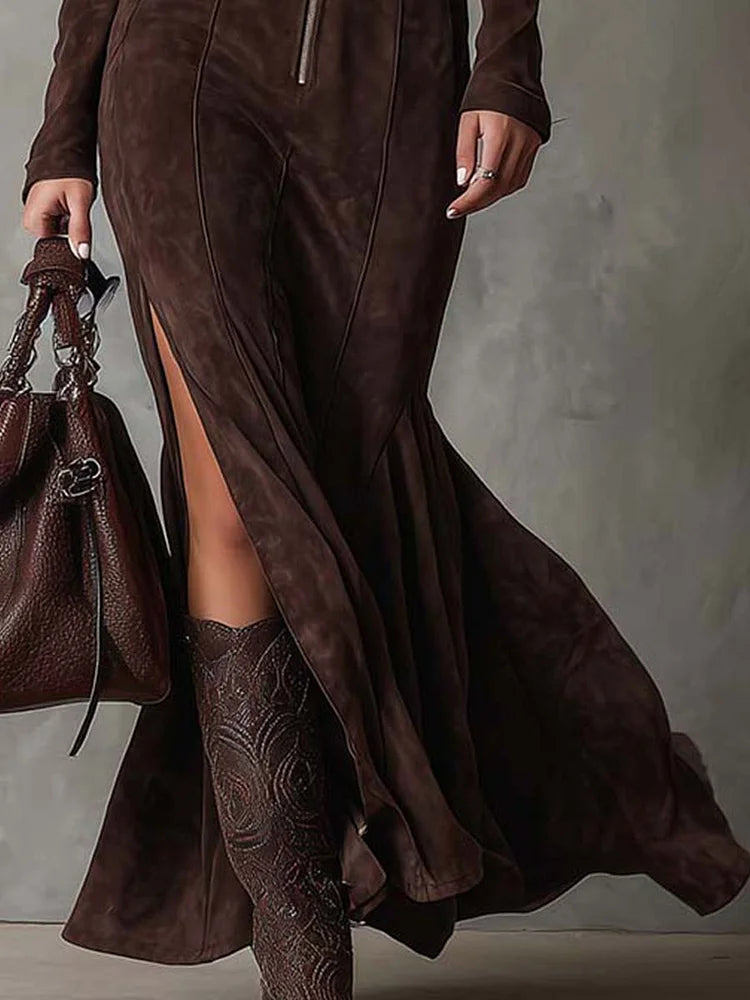 Vestido largo vintage marrón con cremallera y cinturón (incluye cinturón)