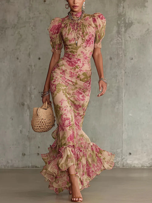 Vestido maxi vintage con estampado de rosas y mangas abullonadas (accesorios no incluidos)