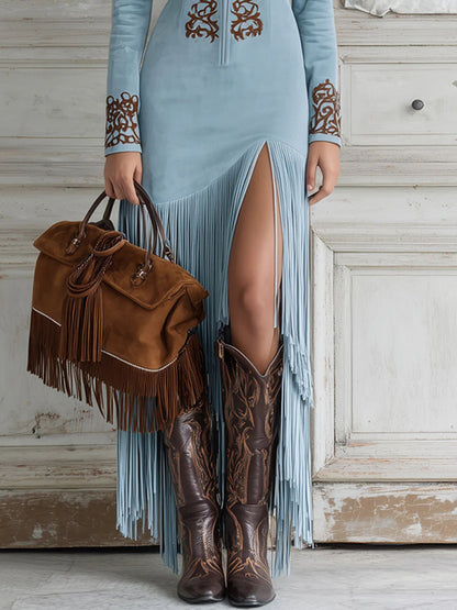 Vestido largo western de antelina con media cremallera, bordado y flecos