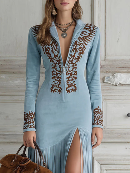 Vestido largo western de antelina con media cremallera, bordado y flecos