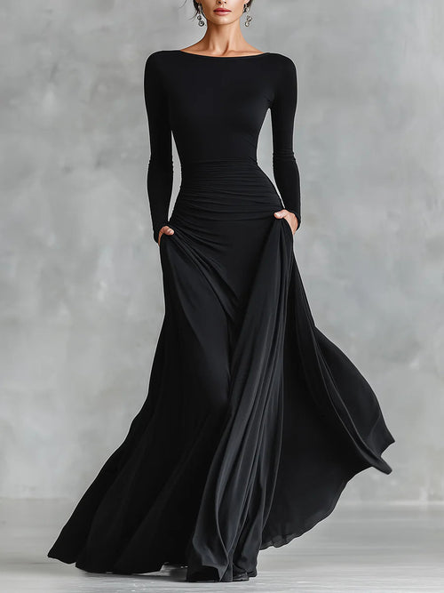 Vestido largo negro de crepé plisado con escote barco