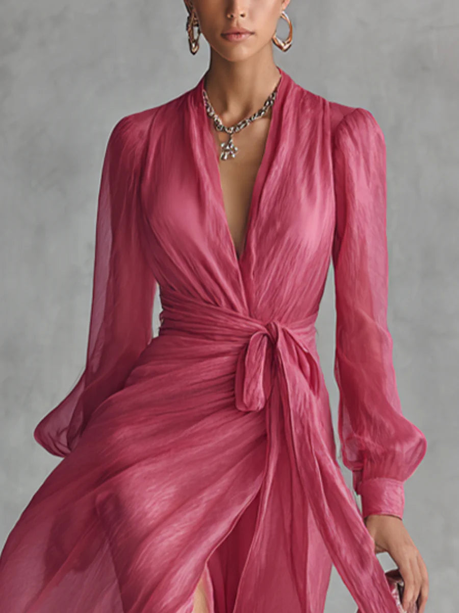 Elegante vestido largo de gasa rosa con cuello en V y lazada en la cintura