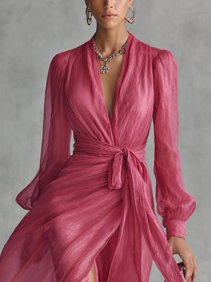 Elegante vestido largo de gasa rosa con cuello en V y lazada en la cintura