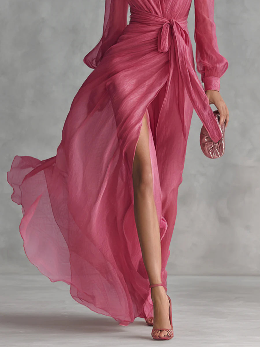 Elegante vestido largo de gasa rosa con cuello en V y lazada en la cintura