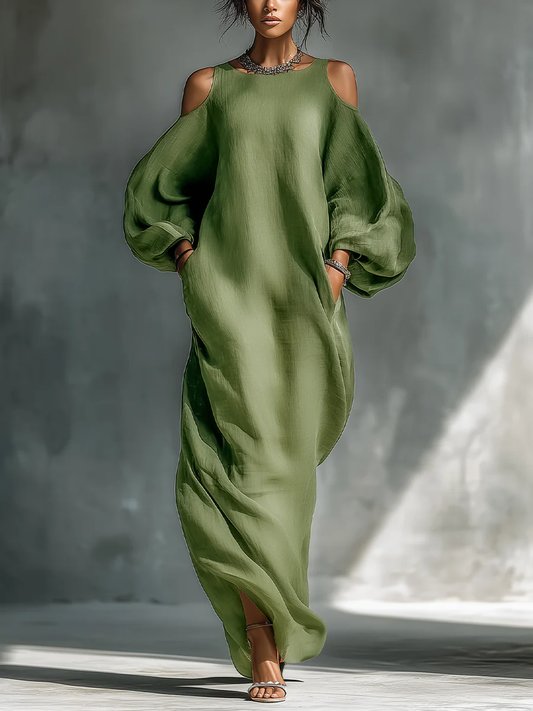 Vestido largo verde de hombros descubiertos con mangas abullonadas oversize