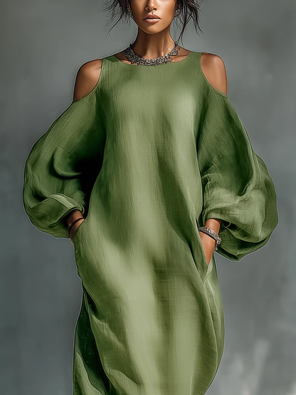 Vestido largo verde de hombros descubiertos con mangas abullonadas oversize