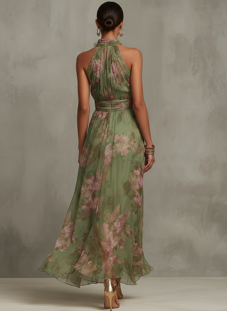 Vestido maxi de gasa verde floral con cuello halter