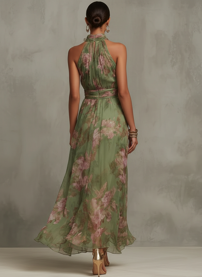 Vestido largo de gasa verde con flores y cuello halter