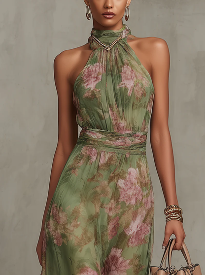 Vestido maxi de gasa verde floral con cuello halter