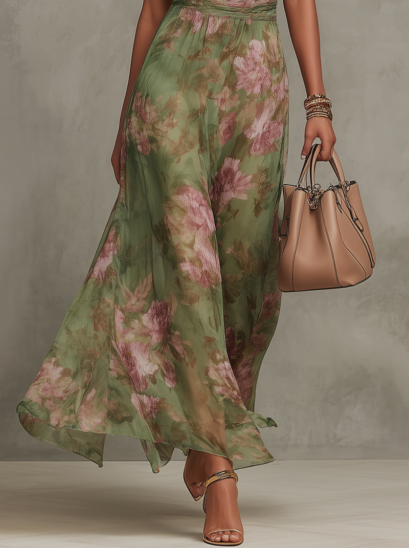 Vestido maxi de gasa verde floral con cuello halter