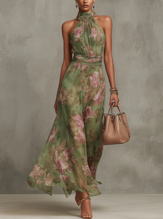 Vestido maxi de gasa verde floral con cuello halter
